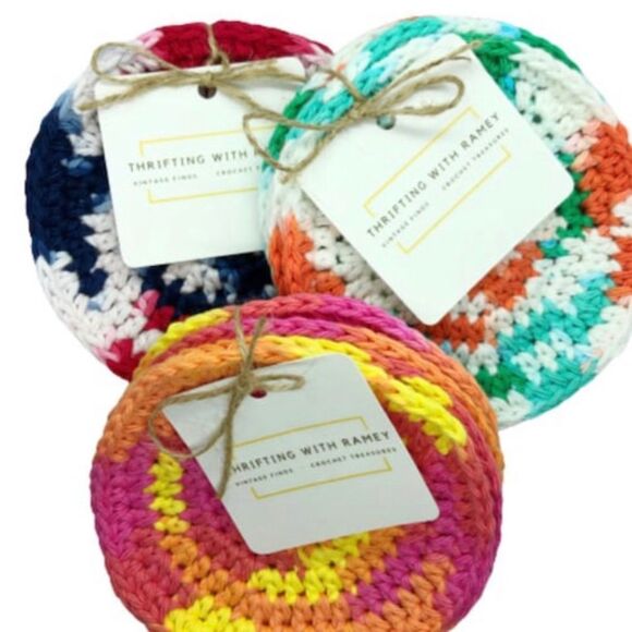 Handmade Tie Dye Green White Orange Crochet Cup Coasters One Set of 4 - Picture 3 of 7